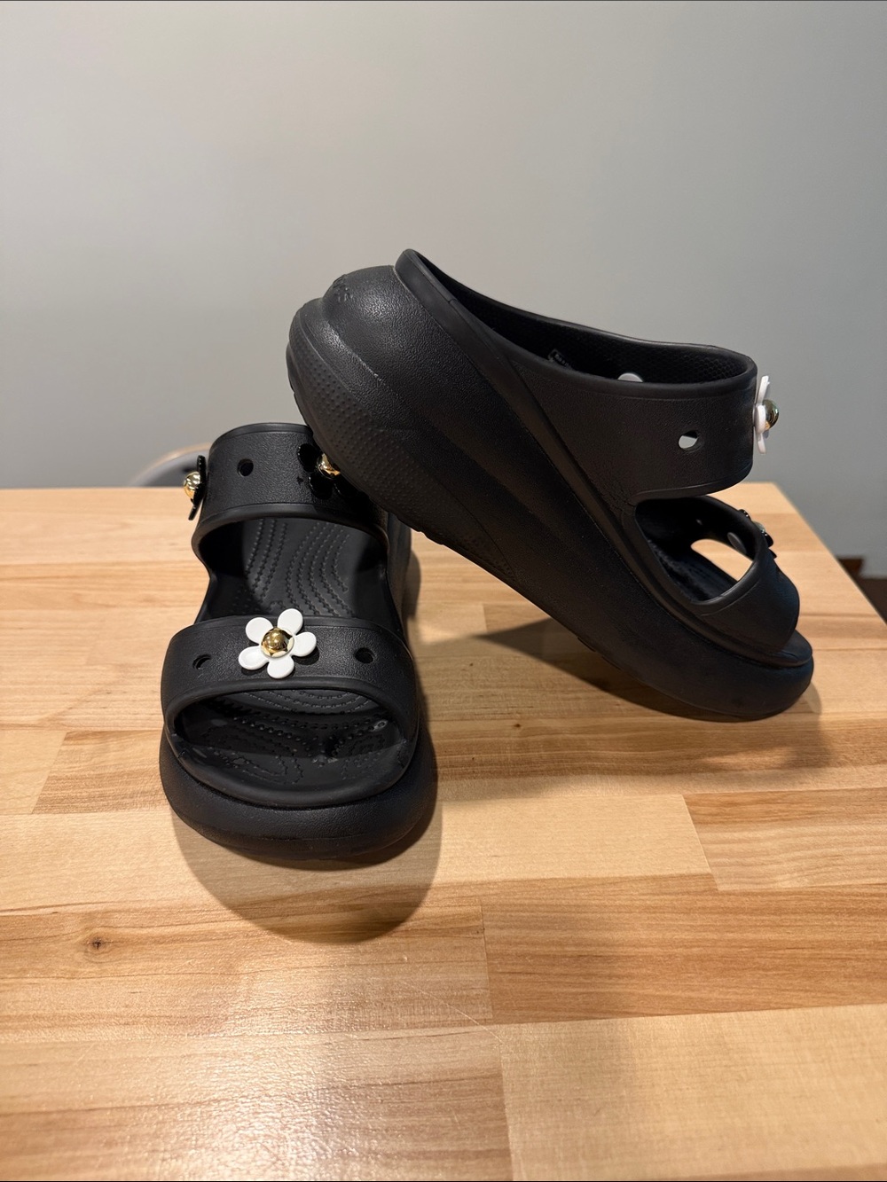 CROCS Black Platform Clogs with White Floral Charm